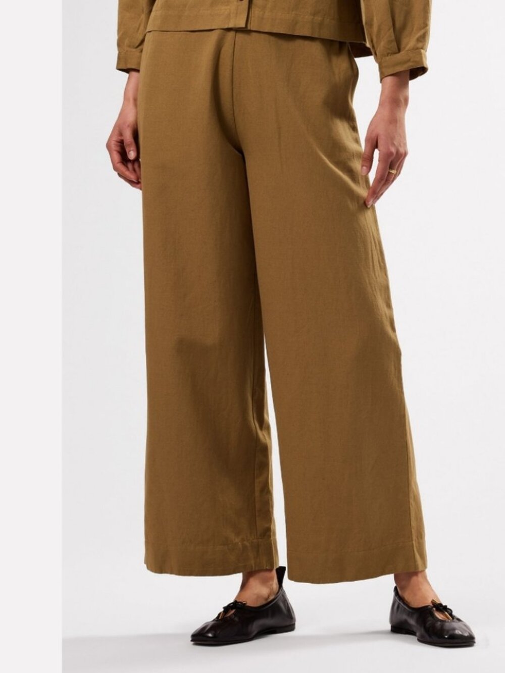 Amour Vert Malia Linen & Cotton Olive Green Wide Leg Pants - Size L - NWT
